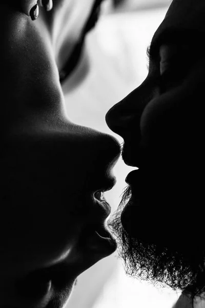 Silhouettes Kissing Couple Stay Home Love Story — Stock Photo, Image