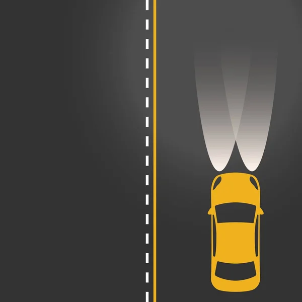 Voiture jaune sur la route avec lumières allumées — Image vectorielle