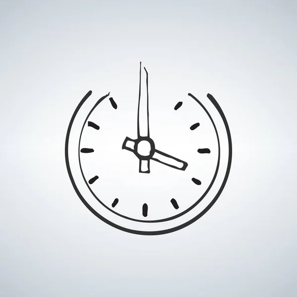 Das alte Uhrzeiger-Emblem auf weißem Wandhintergrund. freihändige lineare schwarze Tinte handgezeichnetes Bild Logo skizzenhaft in Kunst Retro-Kritzelstift. — Stockvektor