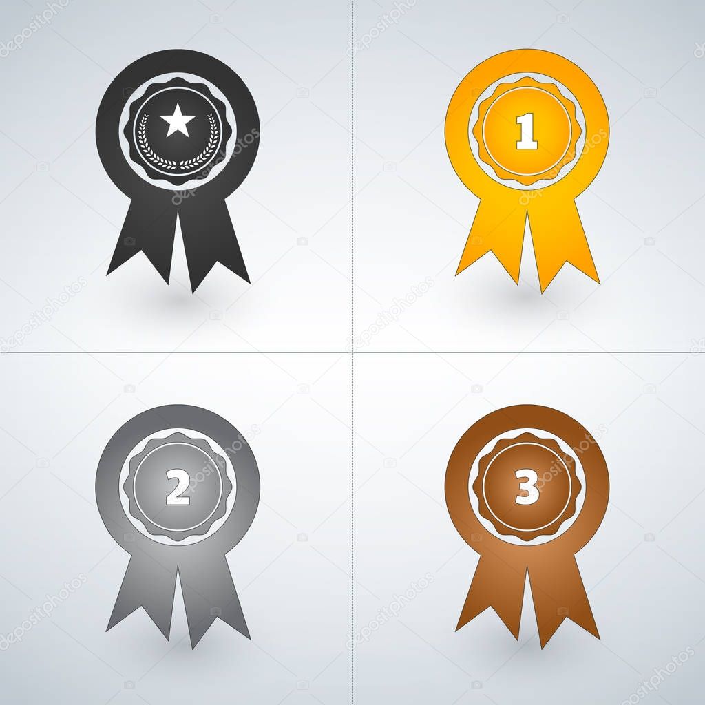 Champions gold, silver and bronze award badges. First, second an