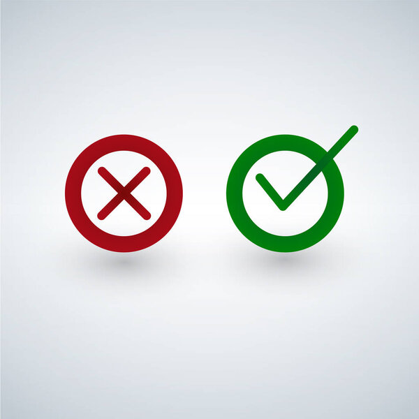 Клещи и поперечные знаки. Зеленая галочка OK и красные иконки X, выделенные на белом фоне
.