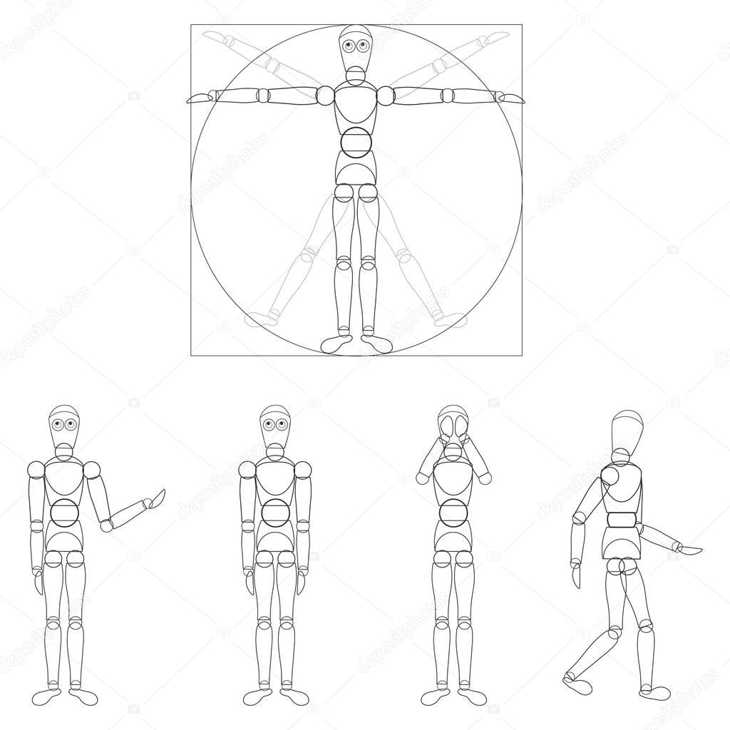 Logo - robotics - The Vitruvian Man - Da Vinci, vector illustration isolated on black background