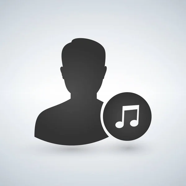 Значок силуэта черного человека с символом музыкальной ноты в информационном кругу, иконка плоского дизайна для форумов или интернета — стоковый вектор