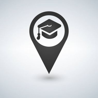 University location icon. Drop shadow map pointer silhouette symbol. Student s hat pinpoint. College nearby. Vector isolated illustration. clipart