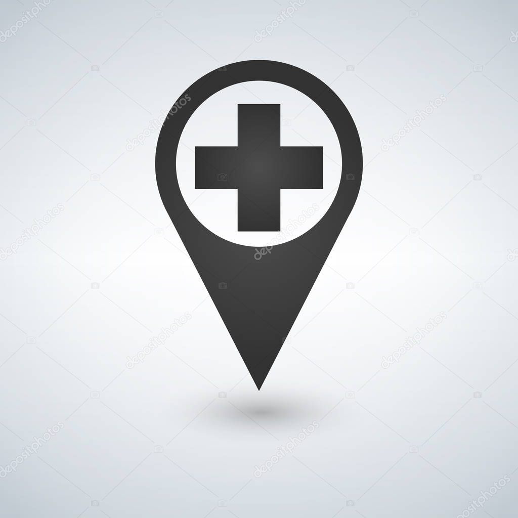 map pointer icon with cross hospital symbol position