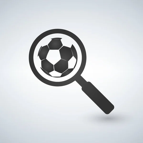 Lupe mit Fußball-Ikone. Fußball-Spiel suchen Kontur-Symbol. Vektor isoliert. — Stockvektor