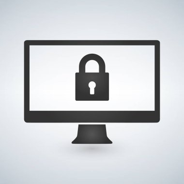 Masaüstü bilgisayar ve ekran üzerindeki kilit. Bilgisayar güvenliği, şifre