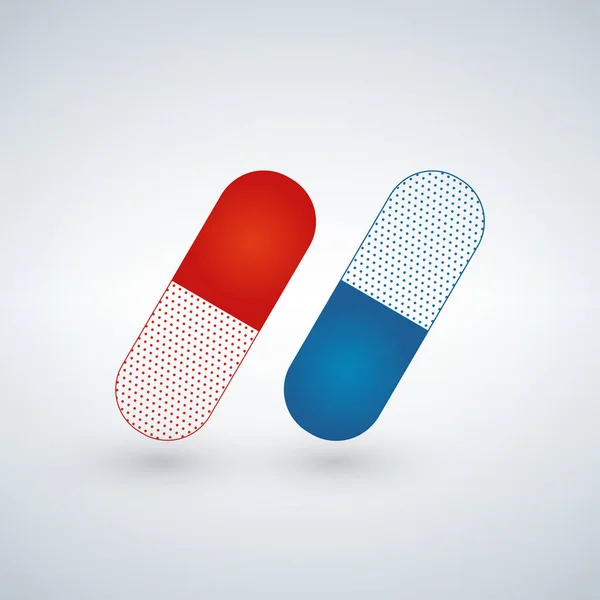 Blauwe en rode capsule, pijnstillers, antibiotica, vitaminen, aminozuren, mineralen, bio active toevoegingsmiddel, sportvoeding. Iconen van geneesmiddel. Medische illustratie op witte achtergrond. — Stockvector