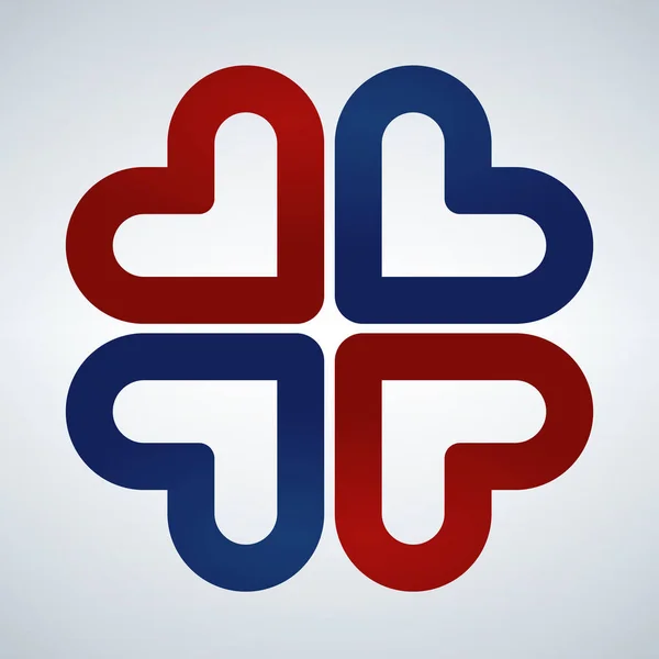 Символ социального вектора из четырех сердец. Красный и синий. Логотип сердечного креста. Абстрактный цветочный лист . — стоковый вектор