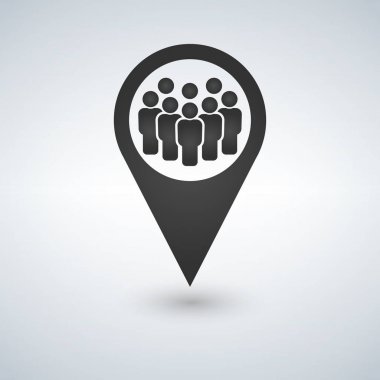 Toplantı noktası konumu simgesi. Yakın arkadaş. Gölge gps işareti siluet simge bırakın. Grup pinpoint içinde insan. İzole vektör çizim.