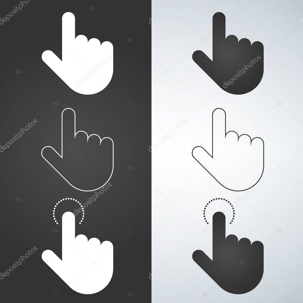 Click hand icon set, click hand icon vector, flat design. White and black illustration.
