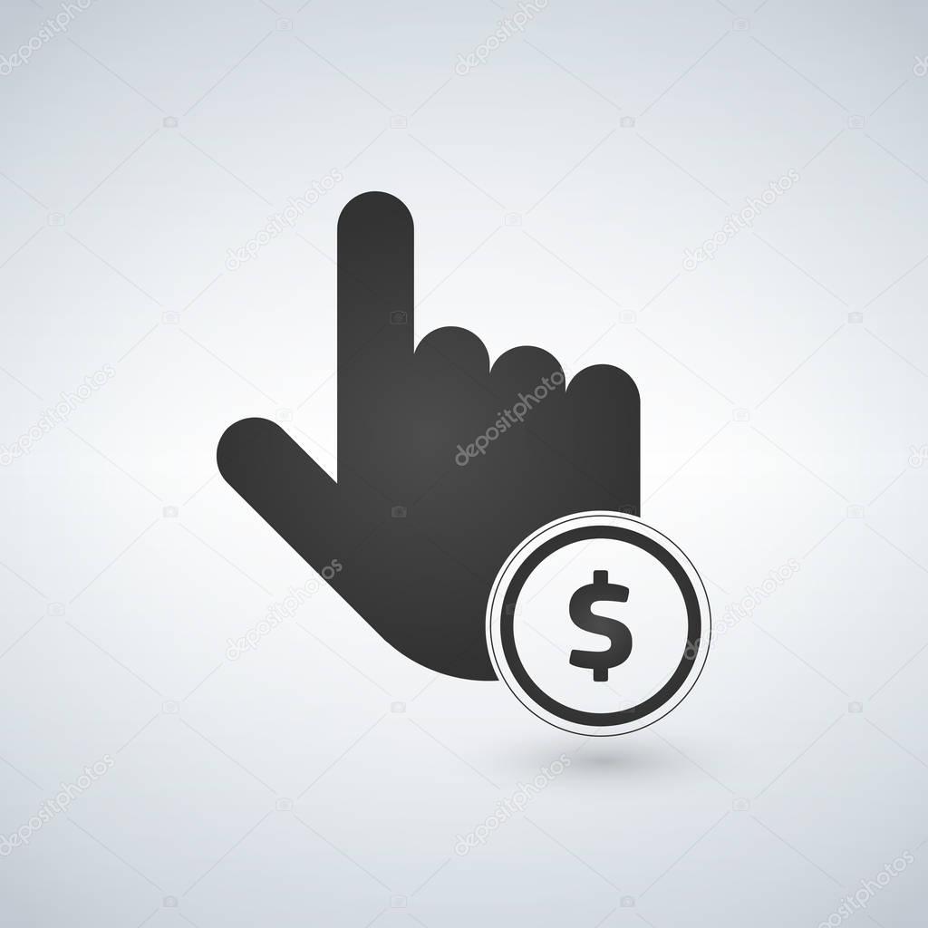 Hand Click simple icon. Currency exchange sign. Cursor pointer symbol. To pay or get money. Circle flat button with shadow. Vector illustration.