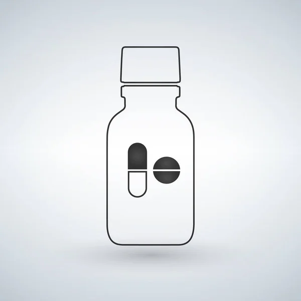 Icono de la botella de la píldora lineal con pastillas. Moderno frasco de pastillas para pastillas o cápsulas. Ilustración vectorial de estilo plano aislado sobre fondo claro . — Archivo Imágenes Vectoriales