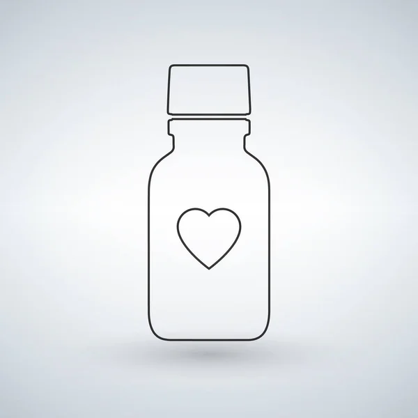 Icono de la botella de píldora lineal con corazón. Moderno frasco de pastillas para pastillas o cápsulas. Ilustración vectorial de estilo plano aislado sobre fondo claro . — Archivo Imágenes Vectoriales