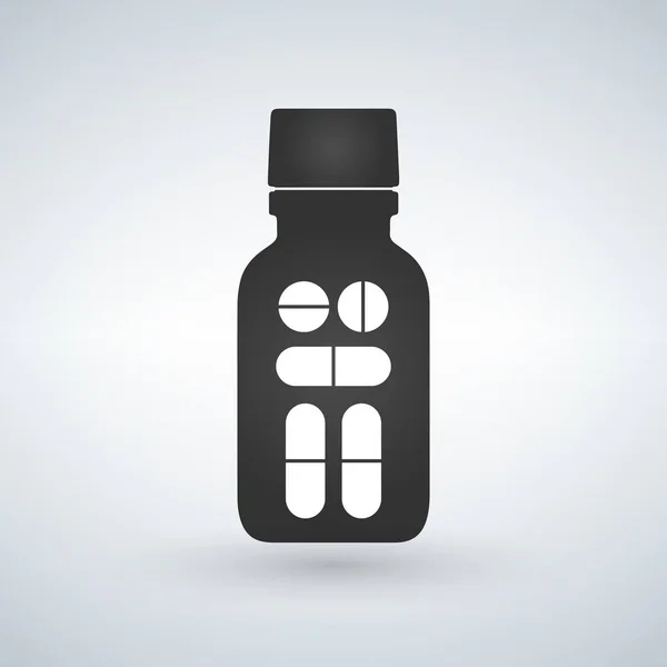 Icono de la botella de píldora. Moderno frasco de pastillas para pastillas o cápsulas. Ilustración vectorial de estilo plano aislado sobre fondo claro . — Archivo Imágenes Vectoriales