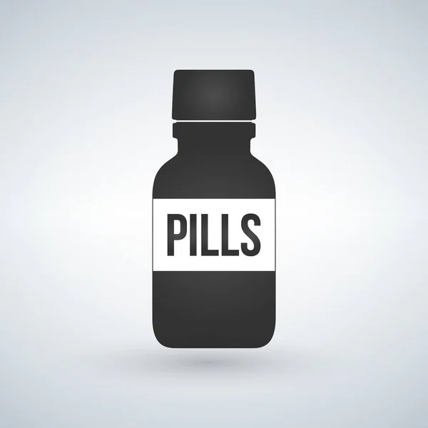 Pictogram van de fles pillen. Moderne pil fles voor pillen of capsules. Vlakke stijl vectorillustratie geïsoleerd op lichte achtergrond. — Stockvector