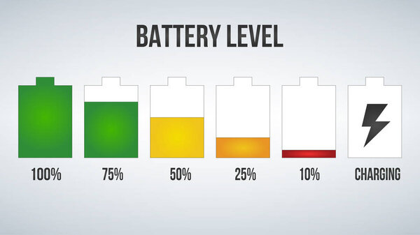 Indicator of battery level charger from empty to full charged set in color and black.