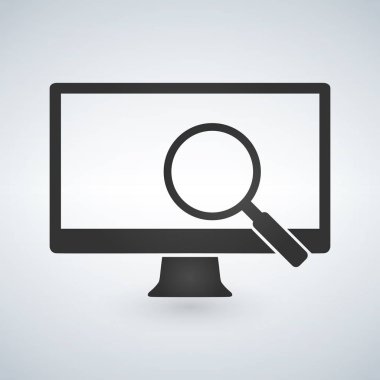 bilgisayar monitörü ve Büyüteç simgesi. Modern arka plan üzerinde izole vektör çizim.