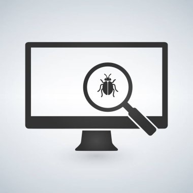 Bilgisayar monitörü Büyüteç ve hataları ile. Virüs kavramı. Modern arka plan üzerinde izole vektör çizim.