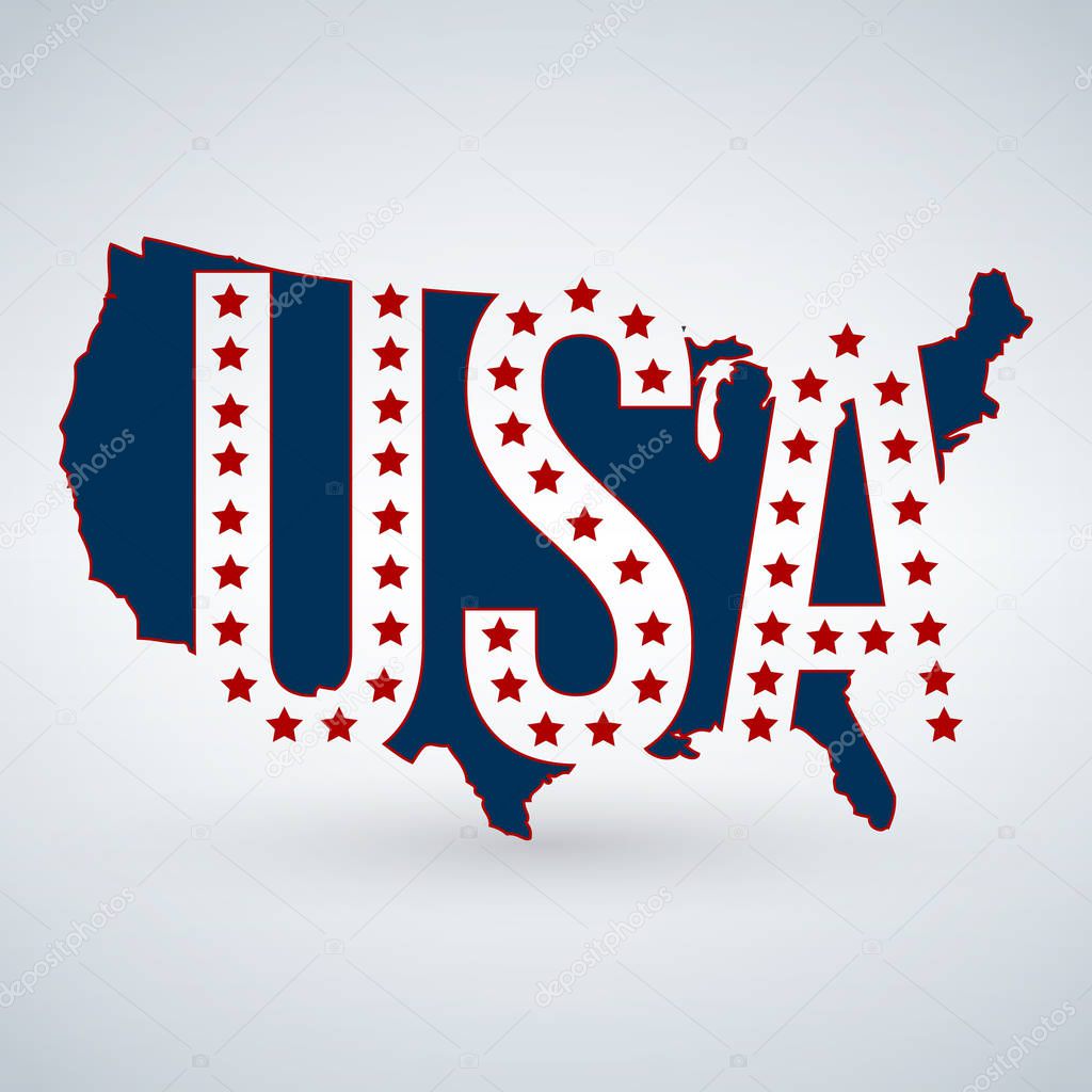 US logo or icon with USA letters across the map and 50 stars, United States of America. Vector illustration isolated on modern background with shadow