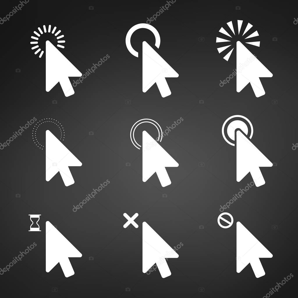White Computer mouse click cursor arrow icons set. Vector illustration isolated on modern black background.