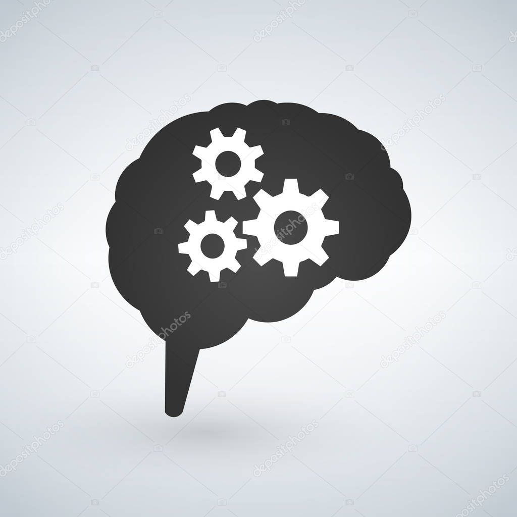 Business concept vector illustration of a brain with cogs or gears, thinking process concept. Vector illustration isolated on white background.