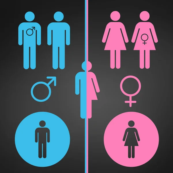 男性と女性のシンボルのセット。ジェンダー概念。レポート、プレゼンテーション、web、アプリケーション、ui が可能です。黒のモダンな背景に分離されたベクトル図. — ストックベクタ