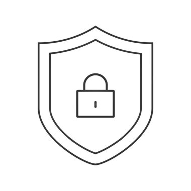 Kilit anahat simgesi ile güvenlik kalkanı. Mobil kavramı ve web tasarım için doğrusal stili işaret. Kalkan asma kilit basit çizgi vektör simgesi. Sembol, logo illüstrasyon. Piksel mükemmel vektör grafikleri