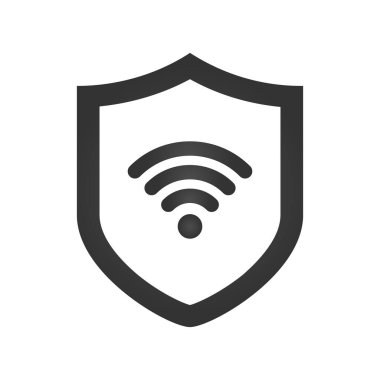 Kalkan kutsal kişilerin resmi. WiFi işareti. Vektör çizim. Protectoin işareti. Düz tasarım. Beyaz arka planda gri