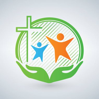 Merhamet veya bakım eller. Hıristiyan logo, kişi, çocuk, kadın. Kollarını açarak ve çapraz. Yardım ve destek Hıristiyan bakım Bakanlığı karşılıklı sembolü. Bakım logo