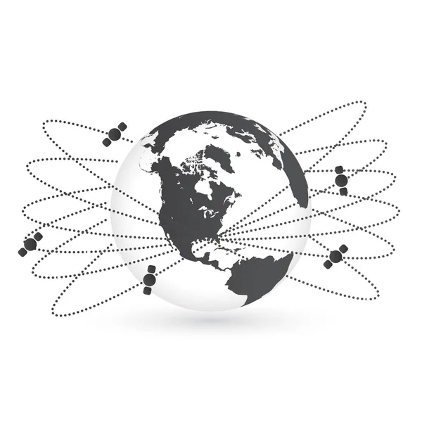 丸い衛星軌道ベクトル図人工衛星が地球のグラフィック デザインの周りに飛んで — ストックベクタ