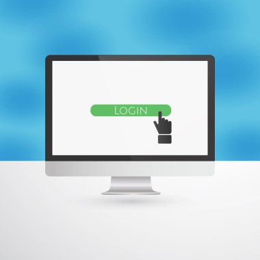 Yeşil giriş düğmesi ve açık mavi renkli imleç yandan bilgisayar monitör