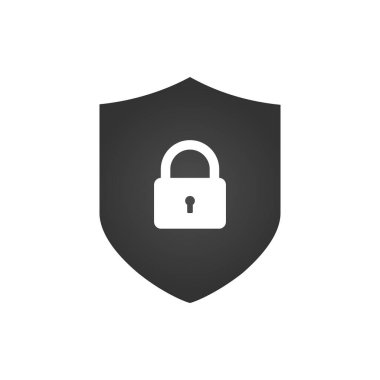 Kalkan ve kilit simgesi. siber güvenlik kavramı. Beyaz arka plan üzerinde izole soyut güvenlik vektör simge tasarlamak