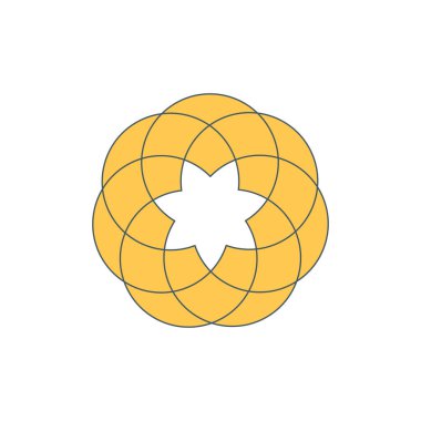 Sarı Hayat Çiçeği, Yaşam Tohumu sembolü. Benzersiz geometrik figür, aynı büyüklükte dairelerden oluşuyor.