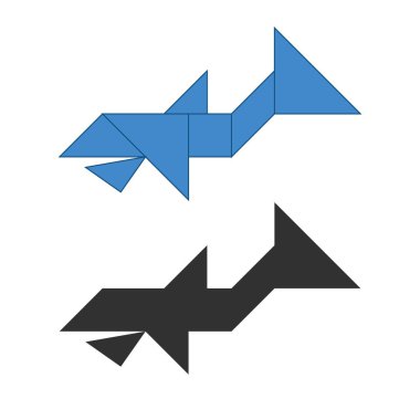 Balina Tangramı. Geleneksel Çin diseksiyonu bulmacası, yedi karo parçası geometrik şekiller: üçgenler, kare eşkenar dörtgen, paralelkenar. Analitik yeteneklerin gelişmesine yardımcı olan çocuklar için bir masa oyunu. Ve