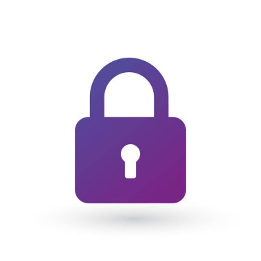 Mor gradyan, anahtar deliği olan basit kilit simgesi. Beyaz arkaplanda izole edilmiş vektör çizimi. temiz tasarım.