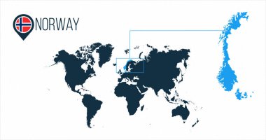 Bilgi grafikleri için Norveç dünya haritasında yer almaktadır. İsimsiz tüm dünya ülkeleri. Harita iğnesinde veya işaretinde Norveç bayrağı var. Soyulmuş arkaplanda vektör illüstrasyonu.