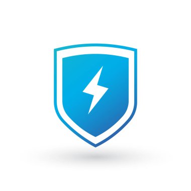 Şimşek ve kalkan sembolü vektör logo şablonu simgesini korur. Vektör illüstrasyonu beyaz arkaplanda izole edildi.