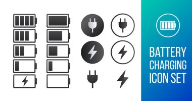 Batarya şarj göstergesi simgeleri. Vektör illüstrasyonu beyaz arkaplanda izole edildi.