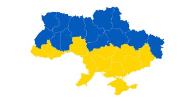 Bölüklü Ukrayna haritası ve bayrağı. Vektör illüstrasyonu beyaz arkaplanda izole edildi