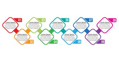 9 seçenek ya da adımlı vektör bilgi kareleri. İş kavramı için bilgi grafikleri. Sunumlar, iş akışı düzeni, işlem diyagramı, akış şeması, bilgi grafiği için kullanılabilir.