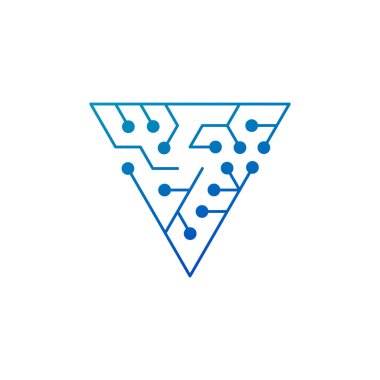 Devre panosu simgesi. Soyut üçgen şekli. Labirent gibi. Teknoloji sembolü. Bilgisayar yazılım konsepti. Güç elemanları. Düz dizayn. Vektör İllüstrasyonu.