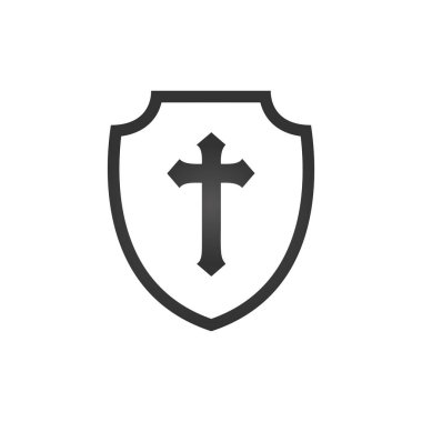 Hıristiyan haçı ve inanç kalkanı. Hıristiyan kilisesi vektör logosu. Misyoner ikonu. Dini sembol. Koruma, güvenlik, güvenlik işareti.