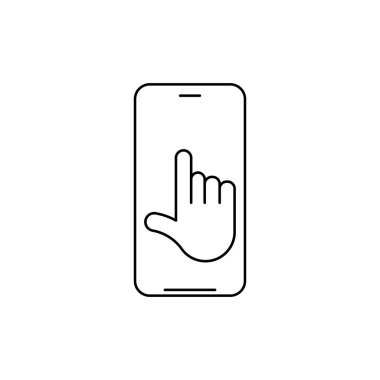 Vektör doğrusal telefon ve ekranda elle dinleme özelliği olan teknoloji simgesi. Dokunmatik ekran teknolojisi. Vektör illüstrasyonu beyaz arkaplanda izole edildi.