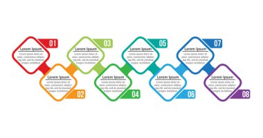 8 seçenek ya da adımlı vektör bilgi kareleri. İş kavramı için bilgi grafikleri. Sunumlar, iş akışı düzeni, işlem diyagramı, akış şeması, bilgi grafiği için kullanılabilir.