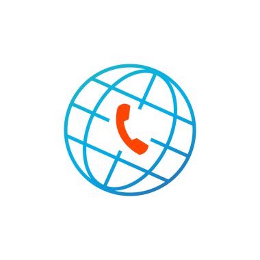 Dünya ve telefon ikonu, küresel müşteri desteği, çağrı merkezi. Vektör illüstrasyonu beyaz arkaplanda izole edildi