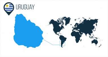 Uruguay haritası bir dünya haritasında bayrak ve harita işaretleyicisi veya pimi ile yer almaktadır. Bilgi haritası. Vektör illüstrasyonu beyaz arkaplanda izole edildi.