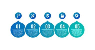 İş süreci. 5 adım, seçenek, ok ve fazladan simge içeren zaman çizelgesi bilgileri. Beyaz arkaplanda vektör şablonu izole edildi.