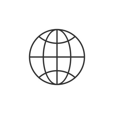 Doğrusal küre vektörü. Trendy düz dünya dünya anahat ui işareti tasarımı. Web sitesi, mobil uygulama için ince doğrusal ağ grafik pictogram. Beyaz arka planda yalıtılmış vektör çizimi