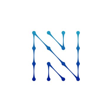 N Harfi Logosu nokta ve çizgilerden, moleküler yapıdan oluşuyordu. Beyaz arka planda yalıtılmış Stok Vektör çizimi.